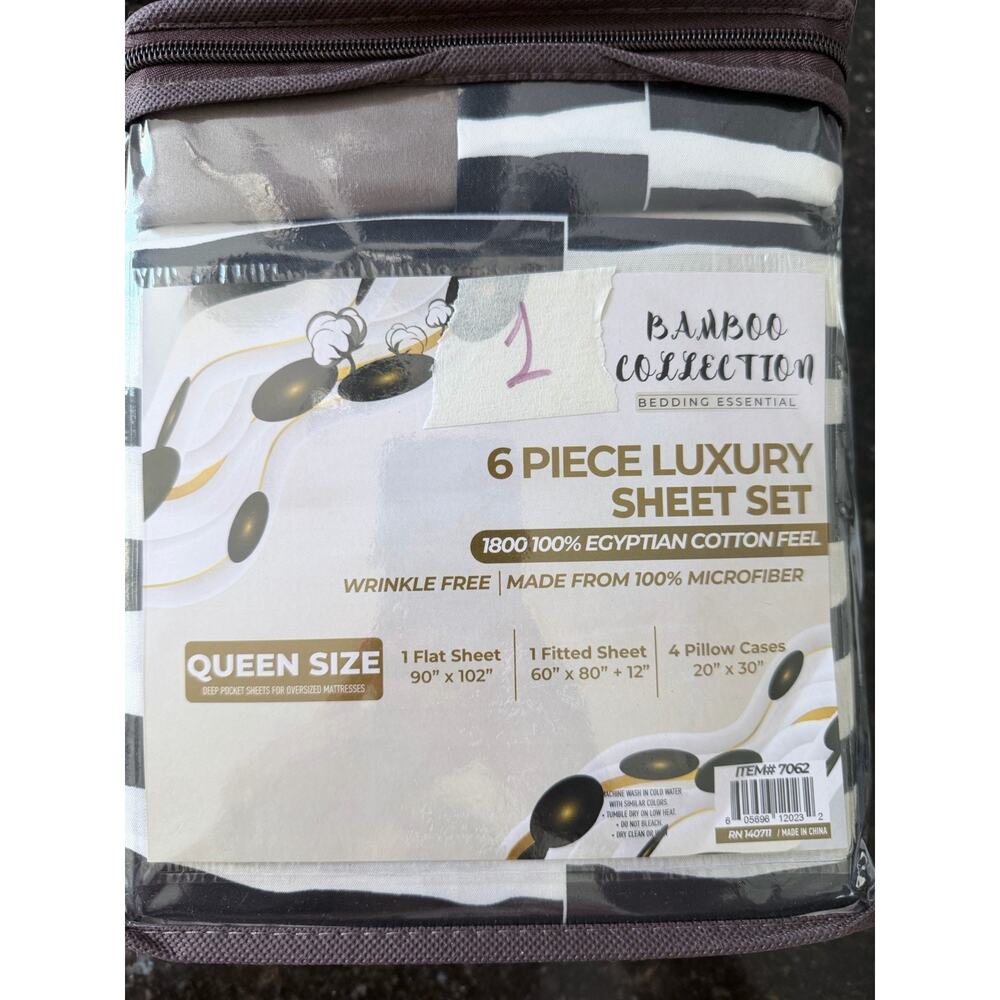 Bamboo Collection Luxury, Six Piece Queen Sheet Set Black & White Stripe W/brown